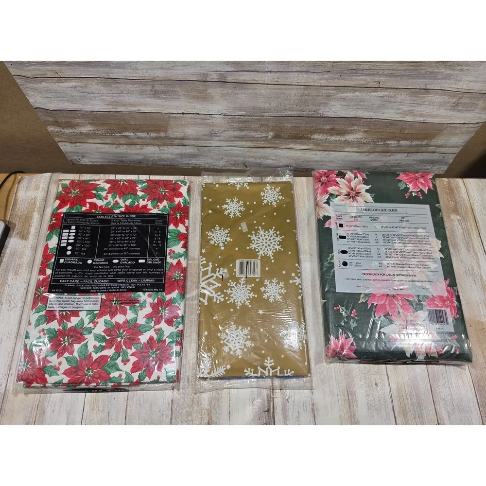 Lot of 3 Christmas Holiday Tablecloths Poinsettia Snowflake Vinyl Plastic Bundle